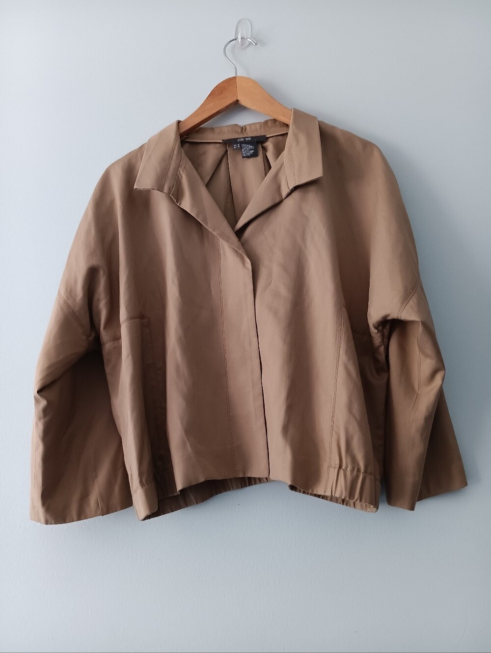 Per Se Tan 100% Silk Hidden Button Cropped Jacket Notch Collar Size 12